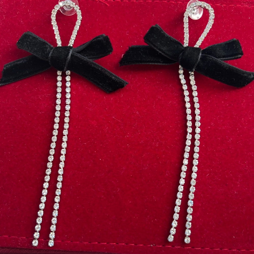Black Bow Rhinestone Dangle Earrings